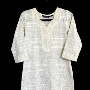 Stretch White Cream Lace and Beaded Long Sleeve Dress